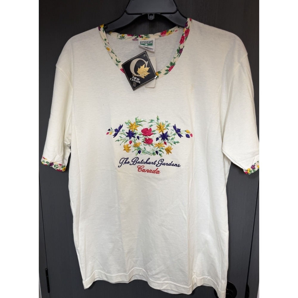 NWT Vintage Cityscape Butchart Gardens Canada T Shirt M Floral Embroidered
